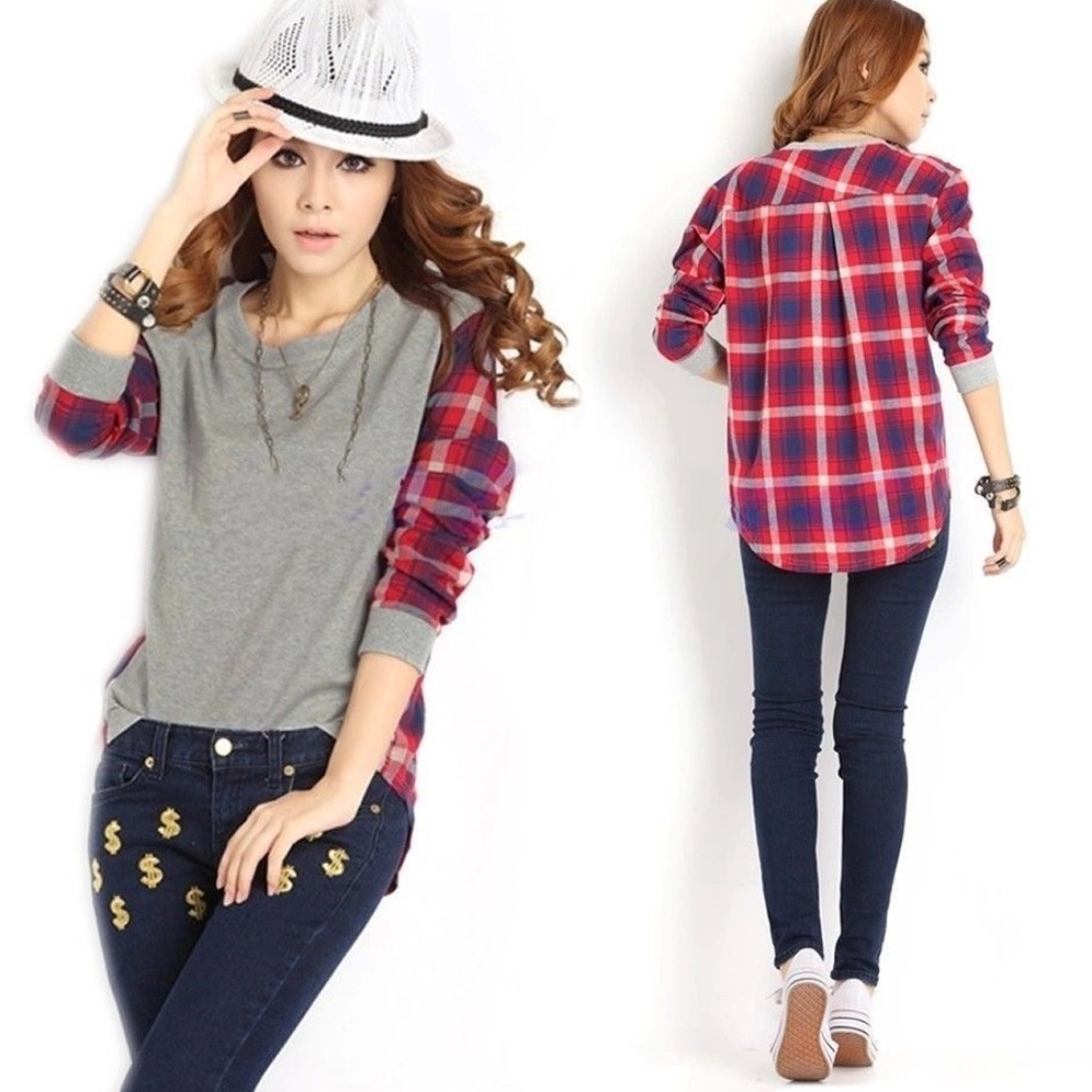 Long Sleeve High Low Gray Plaid Color Block  Shirt